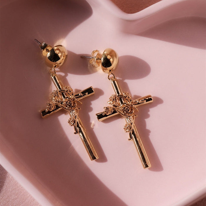 Rose Gold Tone Rose Flower Drop Earrings with Hook Wires