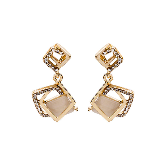Gold Double Square and Champagne Center Drop Earrings