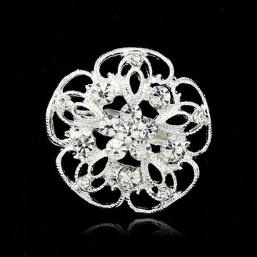 Black Silver Tone Flower Openwork Crystal Metal Brooch Pin