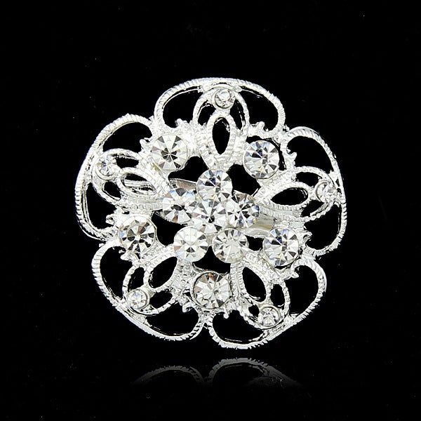 Black Silver Tone Flower Openwork Crystal Metal Brooch Pin