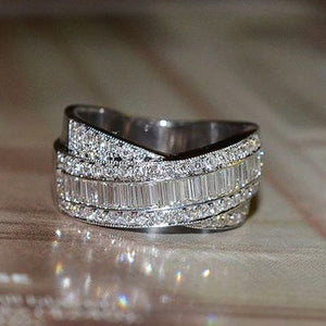 White Gold Tone Multi Band Baguette Pavé Twist Ring Sizes 6-10