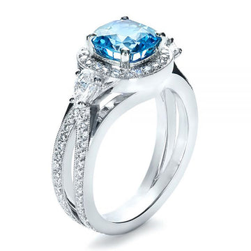 Aqua Blue Cushion Stone Split Shank Ring In Silver Tone