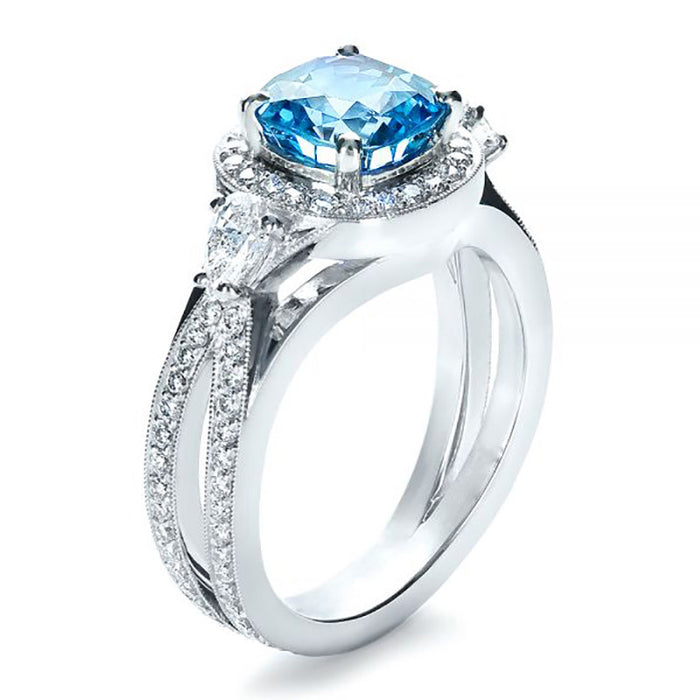 Aqua Blue Cushion Stone Split Shank Ring In Silver Tone