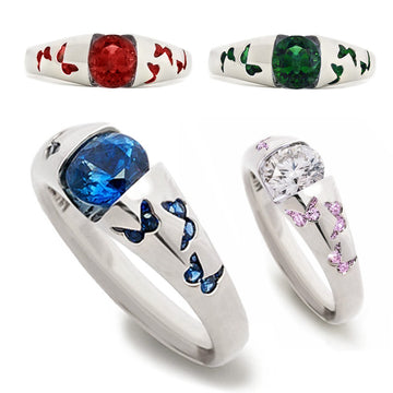 Silver Tone Ring with Colored Square Stone and Butterfly Detail