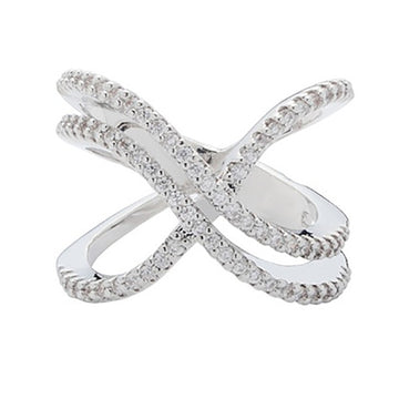 Silver Tone Pave Crossover Ring With Open X Silhouette