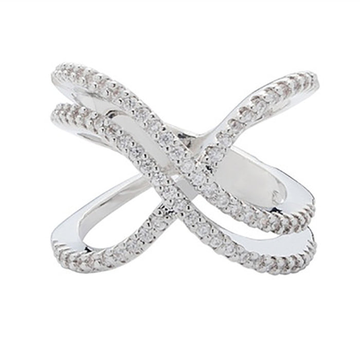 Silver Tone Pave Crossover Ring With Open X Silhouette