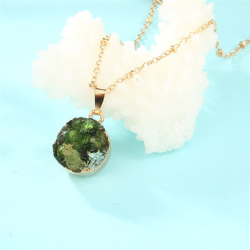 Gold Tone Round Green Crystal Cluster Pendant Necklace