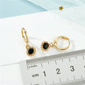 Black Round Stone Huggie Drop Earrings in Gold or Silver Tone view 3