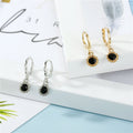 Black Round Stone Huggie Drop Earrings in Gold or Silver Tone view 2