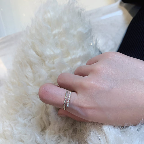 gold-tone open ring with pearl-like and crystal rows in a second styled product view