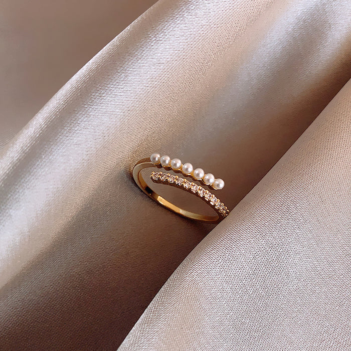 Gold Tone Pearl And Clear Crystal Double Row Wraparound Open Ring