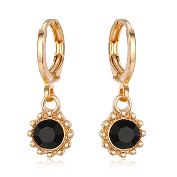 Black Round Stone Huggie Drop Earrings in Gold or Silver Tone