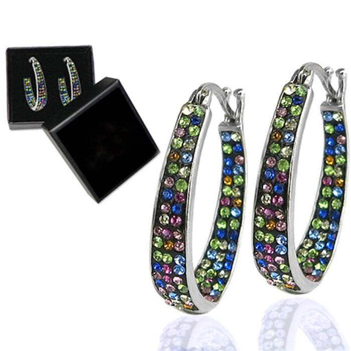 Silver Oval Rhinestone Hoop Earrings Four Color Styles