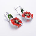 Red Enamel Flower Drop Earrings Silver Tone Green Leaves view 3