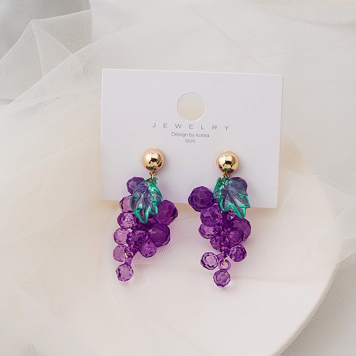 Purple Grape Cluster and Green Leaf Gold Tone Stud Earrings