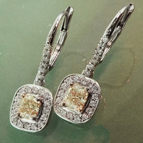 Silver Tone Champagne Crystal Cushion Drop Earrings angled detail
