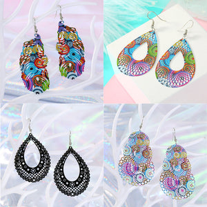 Colorful Printed Openwork Iron Earrings, Feather, Leaf, Teardrop and Fan Shapes