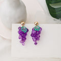 Purple Grape Cluster and Green Leaf Gold Tone Stud Earrings view 2