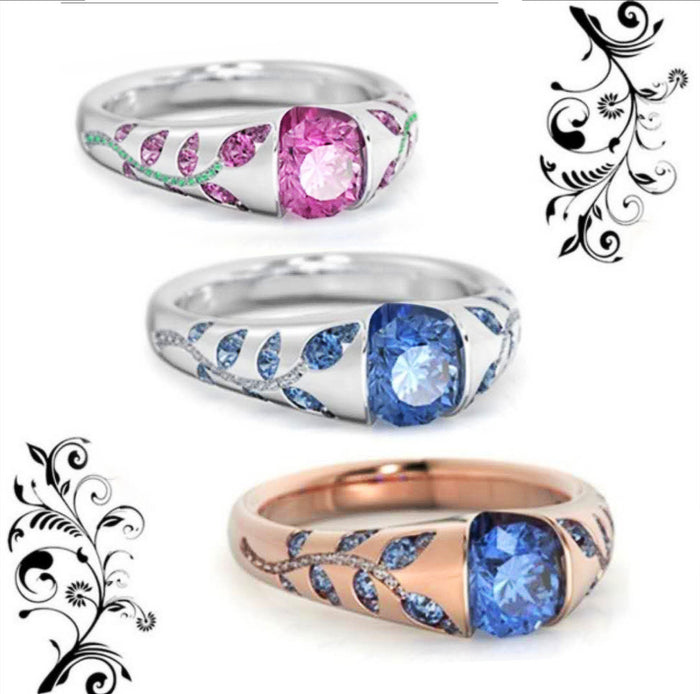 Colored Cushion Stone Leaf Pattern Ring In Three Designs