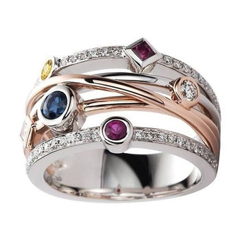Multicolor Stone Multi-Rail Wide Ring In Silver And Rose Tones