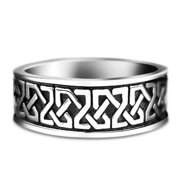 Antique Silver Tone Geometric Pattern Wide Band Ring