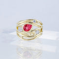 Gold Tone Multirow Ring with Red Oval Center Stone view 1