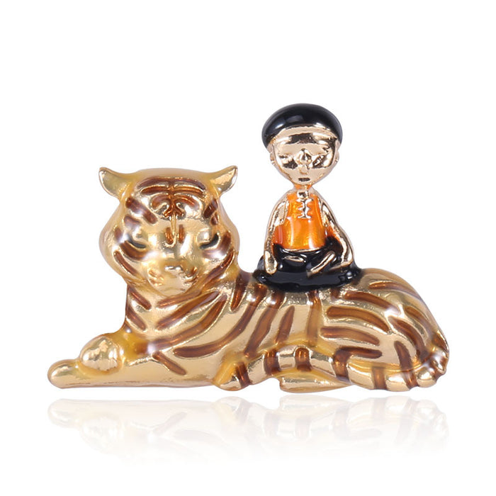 Enamel Boy Riding Tiger Brooch Orange or Blue Outfit Pin