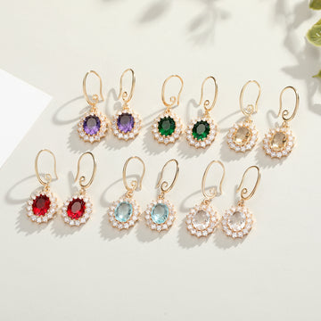 Gold Tone Crystal Halo Hook Earrings in White Red or Green