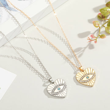 Silver Tone Heart Evil Eye Pendant Necklace with Crystal Border