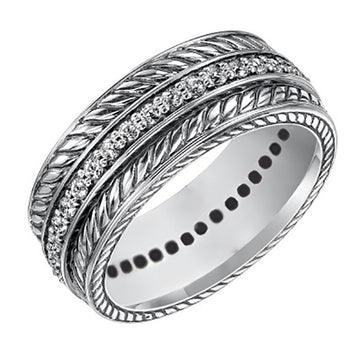 Silver Tone Multirow Textured Wide Band Ring with Dark Details