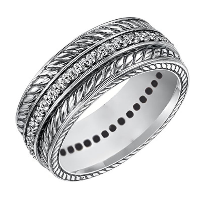 Silver Tone Multirow Textured Wide Band Ring with Dark Details