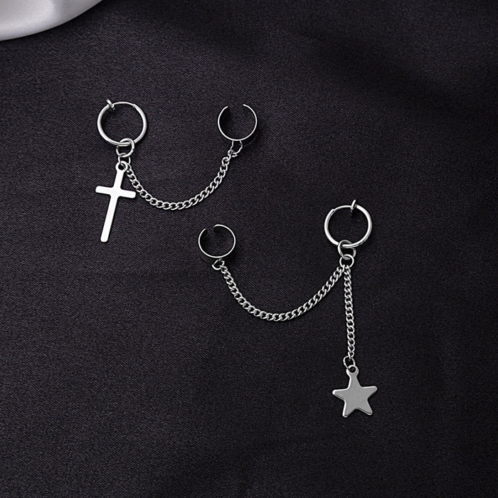 Silver Star and Cross Chain Linked Ear Cuff Earrings