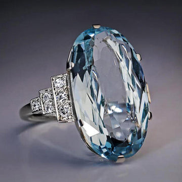 Oversized Pale Blue Oval Solitaire Ring In Polished Silver Tone