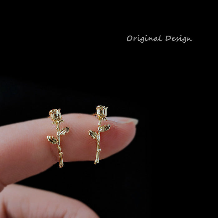 Gold Tone Mini Rose Stem Vertical Bud Stud Earrings Pair