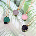 Gold Tone Hexagonal Druzy Pendant Necklaces in Green or Gray view 1