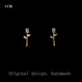 Gold Tone Mini Rose Stem Vertical Bud Stud Earrings Pair view 6