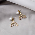 Open Whale Tail Pearl Look and Clear Stone Stud Earrings view 2