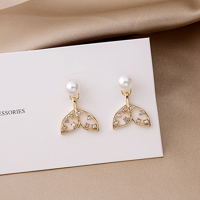 Open Whale Tail Pearl Look and Clear Stone Stud Earrings