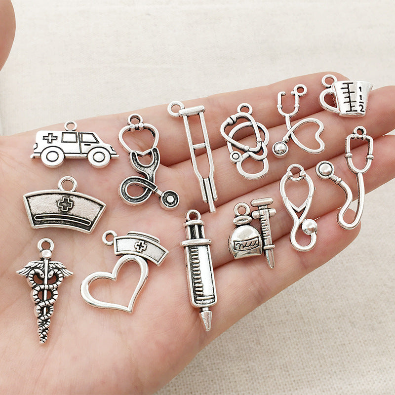 Antique Silver Zinc Alloy Nurse Hat Stethoscope Medical Tool Nurse Cap Charm Pendant for DIY Jewelry