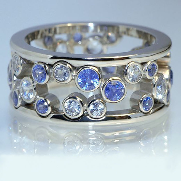 Bezel Round Stone Openwork Wide Ring In Three Stone Colors