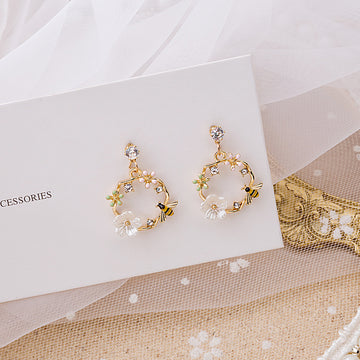 White and Pink Garden Wreath Gold Tone Stud Earrings