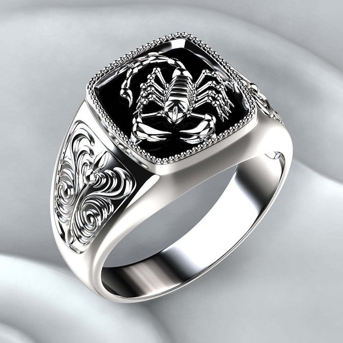 Black Enamel Scorpion Signet Ring With Engraved Shoulders