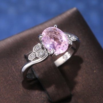 Silver Tone Floral Cluster Ring with Pink Center Stones