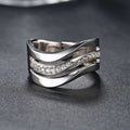 White Gold Tone Three Line Wave Band Clear Stone Ring view 1