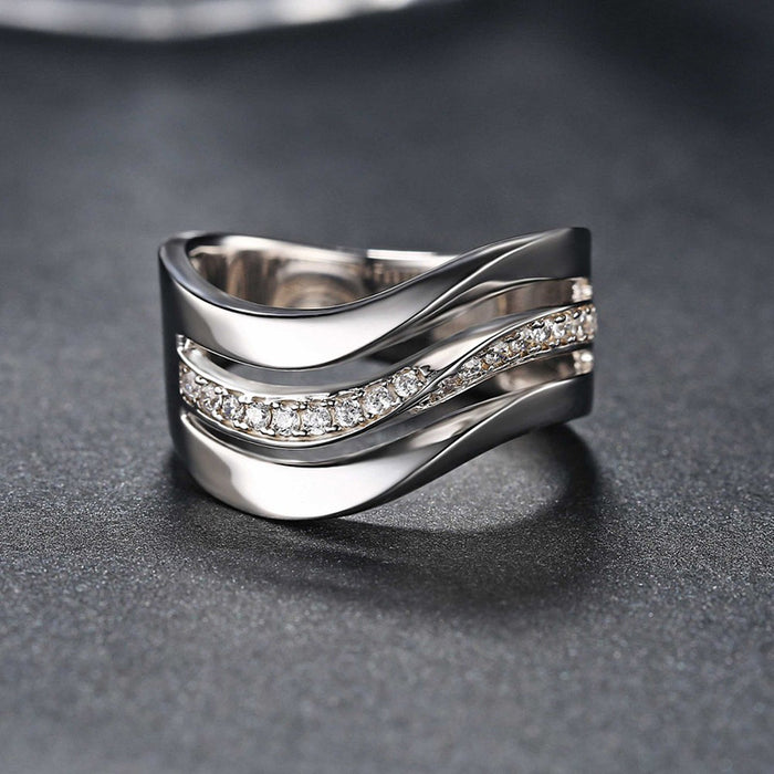 White Gold Tone Three Line Wave Band Clear Stone Ring