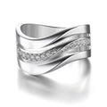 White Gold Tone Three Line Wave Band Clear Stone Ring view 2