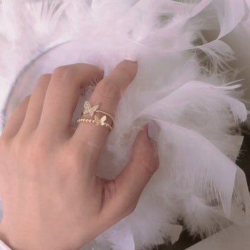 Gold And Silver Tone Clear Stone Butterfly Open Adjustable Rings