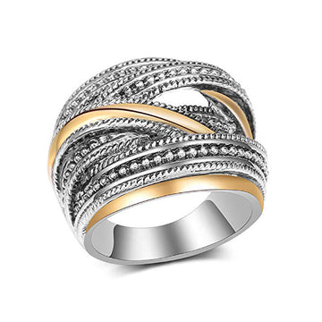 Dual Tone Silver Gold Interwoven Textured Wide Band Ring
