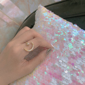 Gold Tone Clear Stone Crescent Moon And Star Open Adjustable Ring