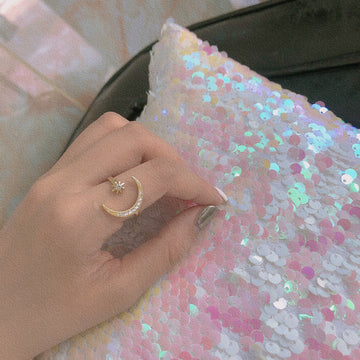 Gold-Tone Crescent Moon and Star Open Ring with Clear Stones